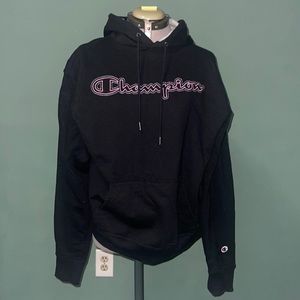 Champion Long-Sleeve Powerblend Hoodie in Black Pink Logo Size L